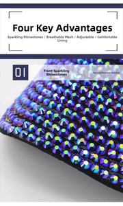 Detail view of shimmering AB rhinestones on the breathable mesh and adjustable baseball cap