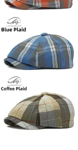 Gros plan de casquettes gavroche rétro à carreaux bleus et marrons avec coutures fines