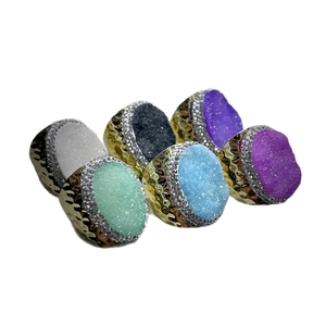 Set of six adjustable gold rings with colorful crystal druzy stones and rhinestone borders