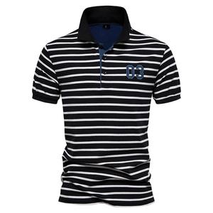 Close-up of black and white striped cotton Polo shirt featuring number 03 chest embroidery