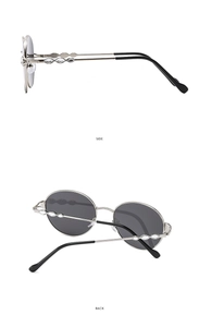 Side and back view of metal round frame sunglasses with rhinestone details and dark lenses