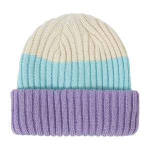 Detail of soft knit beanie with striped pattern in cream, blue, and purple hues