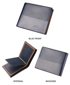 Three-view display of blue men's short wallet with card slots and brand logo
