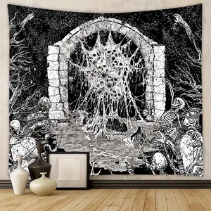 Gothic Wall Tapestry Black And White Skull Cobweb Pattern Polyester Fabric For Bedroom Living Room Dark Art Decor