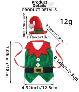 Detailed dimensions of Christmas elf wine bottle outfit with hat and vest sizing info
