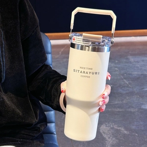 Insulated Tumbler Stainless Steel Vacuum Flask With Portable Handle And Dual Drink Lid Large Capacity Car Coffee Mug