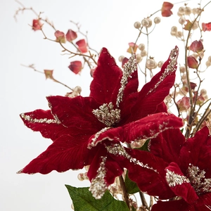 Poinsettia de 33cm en velours rouge avec paillettes dorées pour décoration de Noël