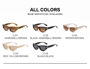 Matrix view of five different color options for retro cat-eye sunglasses on white background