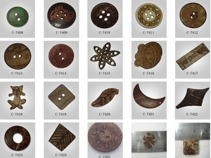 Macro view of handmade woven bag accessories including decorative wood buttons and icons