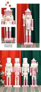Detail of 30cm pink glitter wooden nutcracker king with feather decor for Christmas