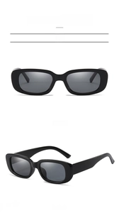 Detail view showing front and 45-degree angles of black square frame sunglasses