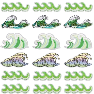Ukiyo-e Sea Wave Embroidery Patches Polyester Green Gradient Iron On Decorative Appliques For Clothing Bags DIY Craft