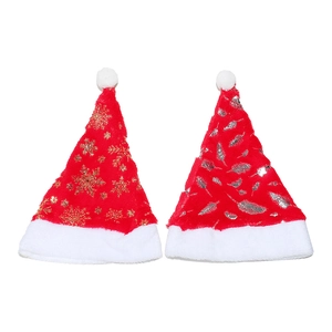 Classic red plush Christmas hats with gold snowflake and silver feather patterns