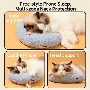 Soft blue fleece U-shaped cat pillow with cute fruit embroidery for cervical protection