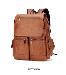 Brown vintage PU leather backpack with multiple zip pockets shown in a 45-degree angle view