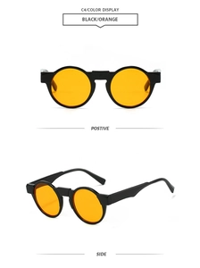 Detail view of round retro sunglasses in black frame with orange lenses from front and side