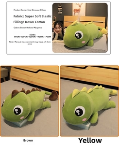 Detail showing elastic soft fabric and down cotton filling of dinosaur plush body pillows