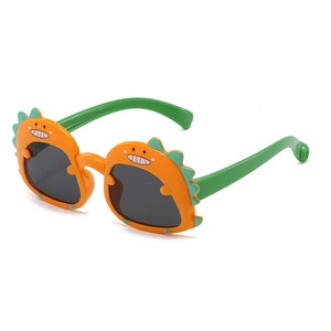 Cute cartoon dinosaur kids sunglasses with orange frame and green temples in 45-degree view