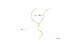 Macro shot of 18K gold plated Y-necklace with linear pendant and size measurements