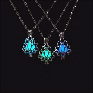 Luminous lotus flower locket necklaces with glowing beads in cyan, green, and blue hues