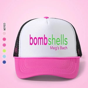 Detail of pink and white trucker hat featuring bombshells print and mesh back panels