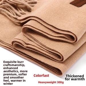 Close-up of 300g thick khaki scarf with leather label and detailed woven texture