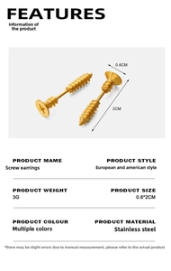 Detailed view of gold screw-shaped stainless steel earrings with precise dimensions