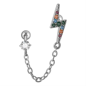 Lightning bolt stud earring with colorful zircon stones and stainless steel chain link