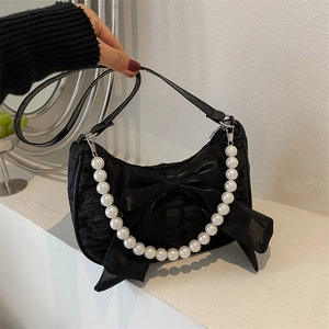 Women Shoulder Bag With Large Satin Bow Decoration And Faux Artificial Pearl Chain Handle Elegant Sweet Lace Handbag For Party