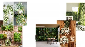 Artificial pine branches shown in diverse wedding floral and commercial decor settings
