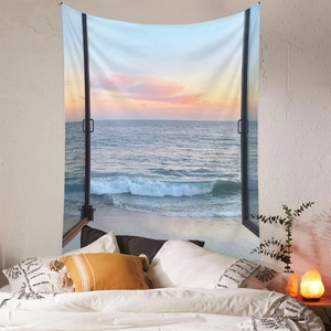 Detail of bohemian tapestry featuring a sunset beach view window for room wall decor