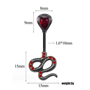 Detail view of snake belly ring with red zircon inlay and precise dimensions labels