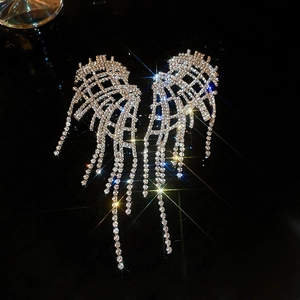 Elegant silver wing earrings with mesh crystal rhinestones and long tassels for women