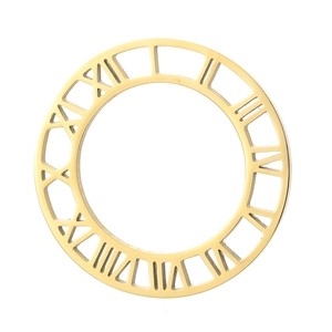 Macro detail of golden hollow circular pendant with engraved Roman numerals on steel