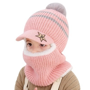 Kinder Strick-Sturmhaube in Rosa mit grauem Pompon und Visier für Winterwärme