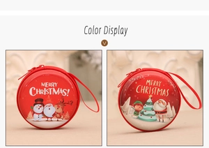 Detail view of round red Christmas tin coin purses with festive holiday illustrations