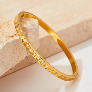 Stainless Steel Bangle Bracelet Geometric Zigzag Rhombus Design With Zircon Rhinestone Inlaid Hinge Closure Elegant