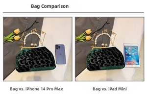 Green velvet shell bag size comparison with iPhone 14 Pro Max and iPad mini