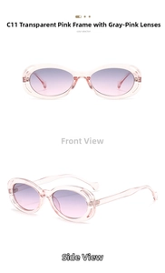 Front and side view of oval hollow pink frames with gradient grey-pink lenses