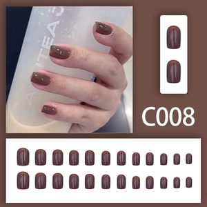 Glossy mocha brown short square press-on nails set with 24 pieces in model C008