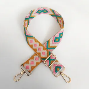 Adjustable colorful jacquard diamond pattern canvas shoulder strap with gold metal hooks