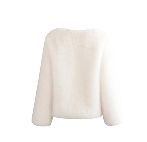 Detail view of the back side of a short faux fur jacket in creamy white with a round neck