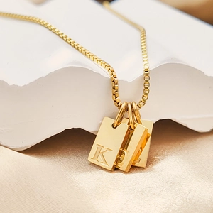 18K gold plated stainless steel box chain necklace with layered initial K square pendants