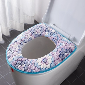 Thickened Crystal Velvet Plush Toilet Seat Cover Waterproof PU Back Floral Pattern Zipper Closure Warm Washable Bathroom Cushion