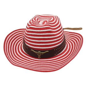 Chapeau de cowboy en paille rayé rouge et blanc avec boucle tête de taureau et cuir