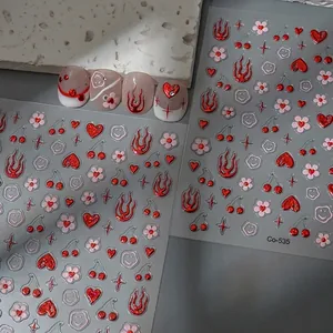 5D Relief Nail Art Stickers Metallic Red Heart Flame Cherry Flower Pattern Waterproof DIY Manicure Decoration For Women