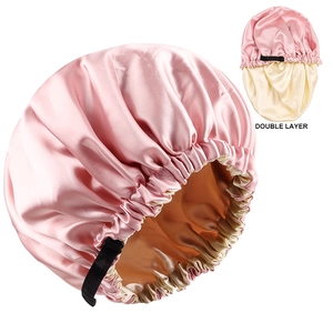 Double-layer satin sleep bonnet in pink and gold with adjustable elastic strap