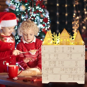 Wooden 24-day advent calendar with LED lights and laser-cut festive sled scenery
