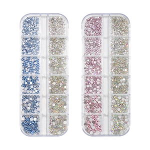 Flatback glass crystal nail art rhinestone set with 12 grids in pink and blue colors