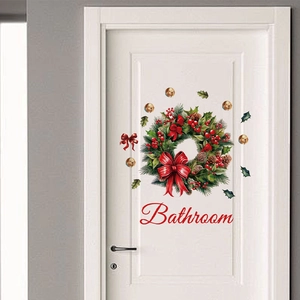 Detaillierter Weihnachts-Wandaufkleber mit Bathroom-Schriftzug auf weißer Holztür